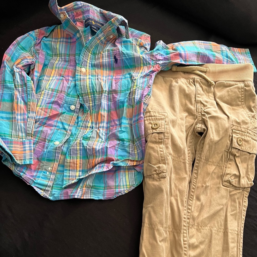 Easter plaid long sleeve button up shirt & khaki cargo pants